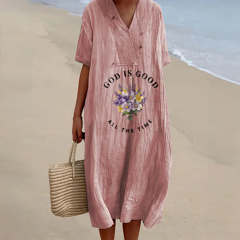 Christianartworkshop Robe midi à manches courtes et col en V, imprimé floral « Dieu est bon en tout temps » - Rose - 4XL - image 0
