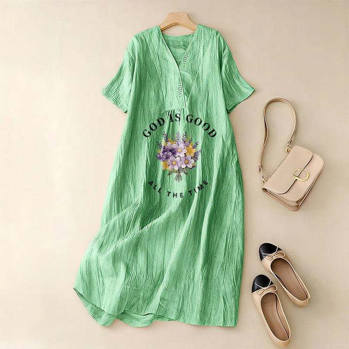Christianartworkshop Robe midi à manches courtes et col en V, imprimé floral « Dieu est bon en tout temps » - image 14