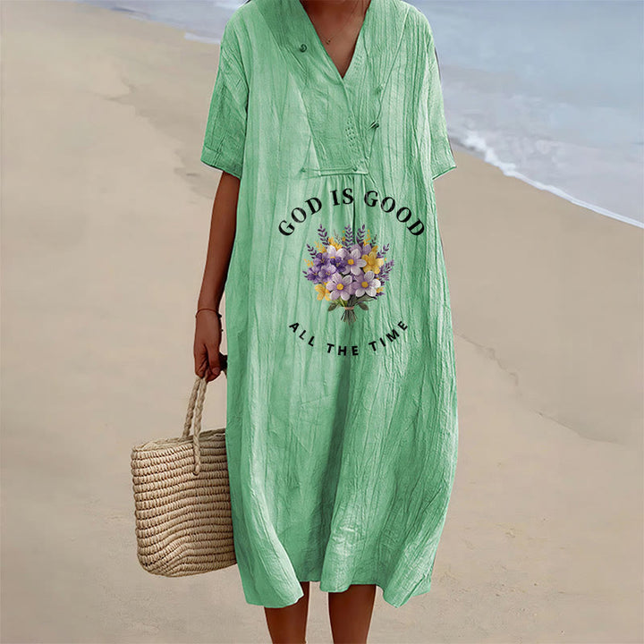 Christianartworkshop Robe midi à manches courtes et col en V, imprimé floral « Dieu est bon en tout temps » - Vert - 4XL - image 12