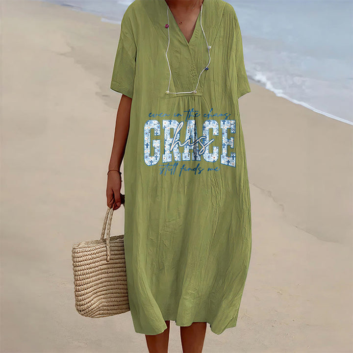 Christianartworkshop Robe midi ample à carreaux, col en V, style classique « His Grace Still Finds Me » - Vert olive - 4XL - image 9