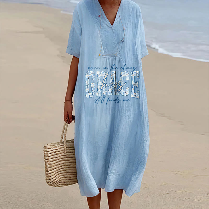 Christianartworkshop Robe midi ample à carreaux, col en V, style classique « His Grace Still Finds Me » - Bleu - 4XL - image 6