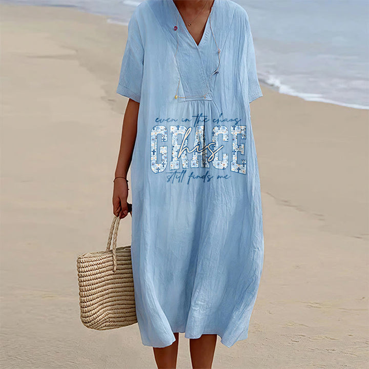 Christianartworkshop Robe midi ample à carreaux, col en V, style classique « His Grace Still Finds Me » - Bleu - 4XL - image 6