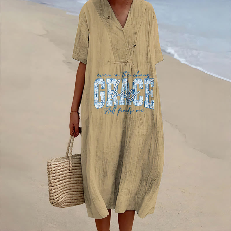 Christianartworkshop Robe midi ample à carreaux, col en V, style classique « His Grace Still Finds Me » - Kaki - 4XL - image 15