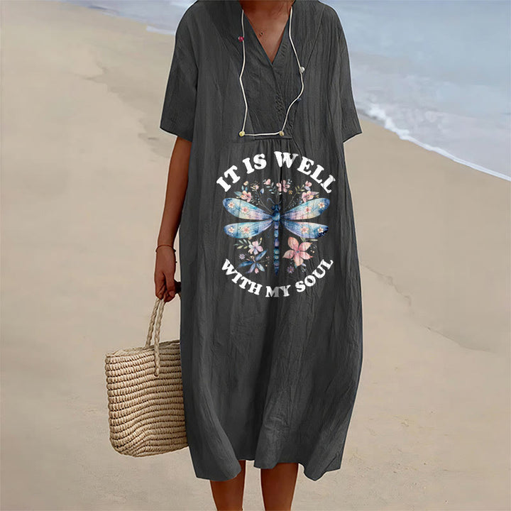 Christianartworkshop Robe midi à manches courtes et col en V à motif floral libellule aquarelle « Tout va bien pour mon âme » - Noir - 4XL - image 3