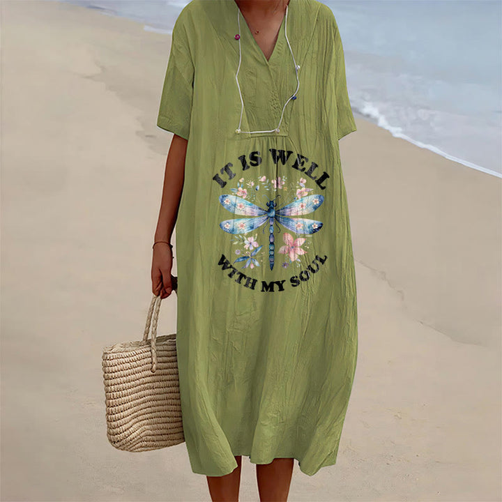 Christianartworkshop Robe midi à manches courtes et col en V à motif floral libellule aquarelle « Tout va bien pour mon âme » - Vert olive - 4XL - image 12