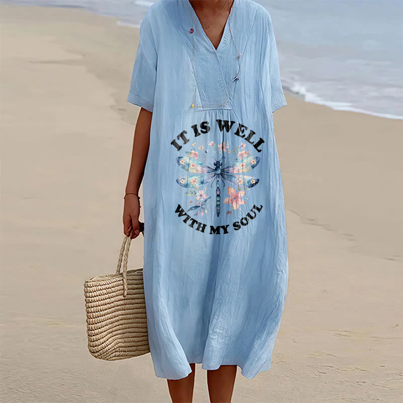 Christianartworkshop Robe midi à manches courtes et col en V à motif floral libellule aquarelle « Tout va bien pour mon âme » - Bleu - 4XL - image 9