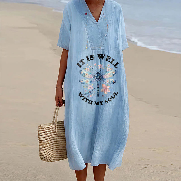 Christianartworkshop Robe midi à manches courtes et col en V à motif floral libellule aquarelle « Tout va bien pour mon âme » - Bleu - 4XL - image 9
