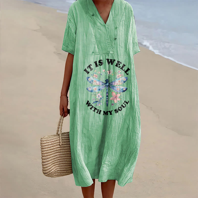 Christianartworkshop Robe midi à manches courtes et col en V à motif floral libellule aquarelle « Tout va bien pour mon âme » - Vert - 4XL - image 15
