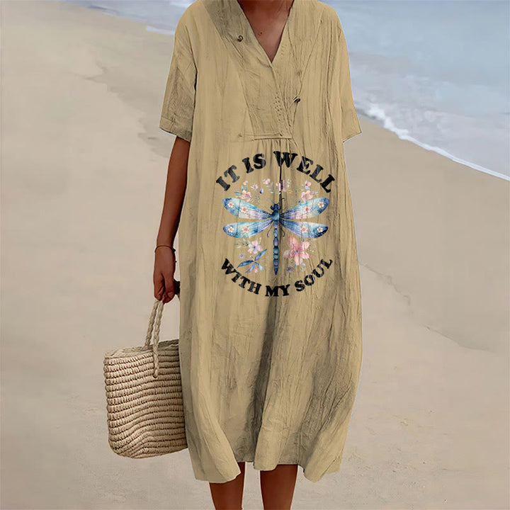 Christianartworkshop Robe midi à manches courtes et col en V à motif floral libellule aquarelle « Tout va bien pour mon âme » - Kaki - 4XL - image 0