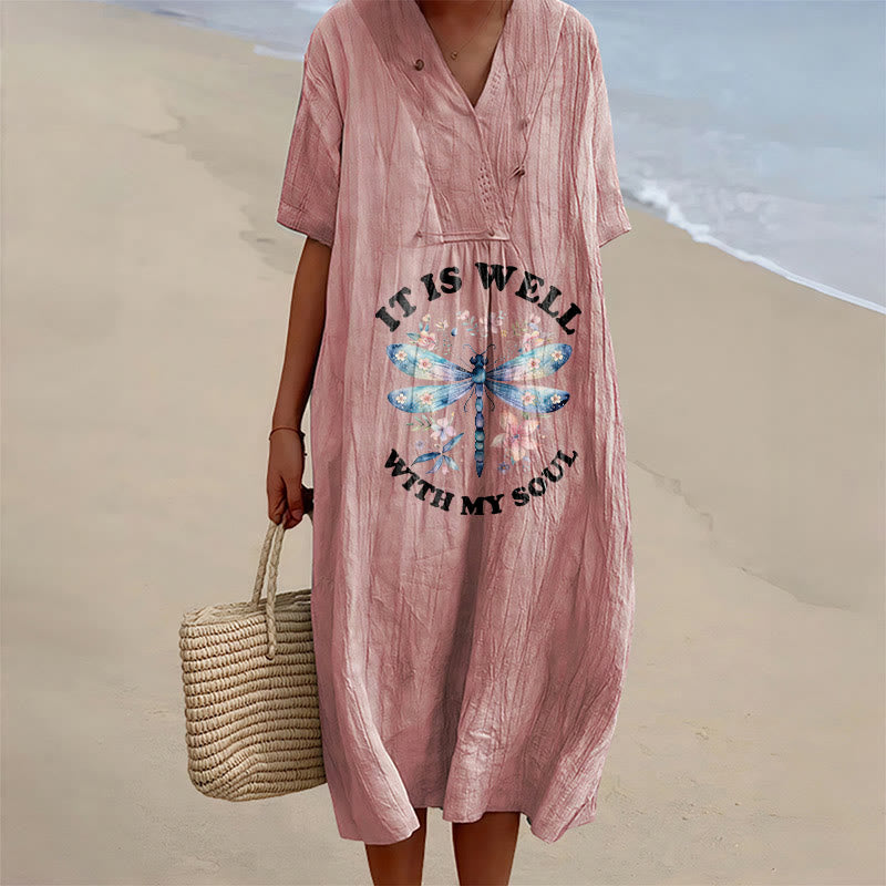 Christianartworkshop Robe midi à manches courtes et col en V à motif floral libellule aquarelle « Tout va bien pour mon âme » - Rose - 4XL - image 6