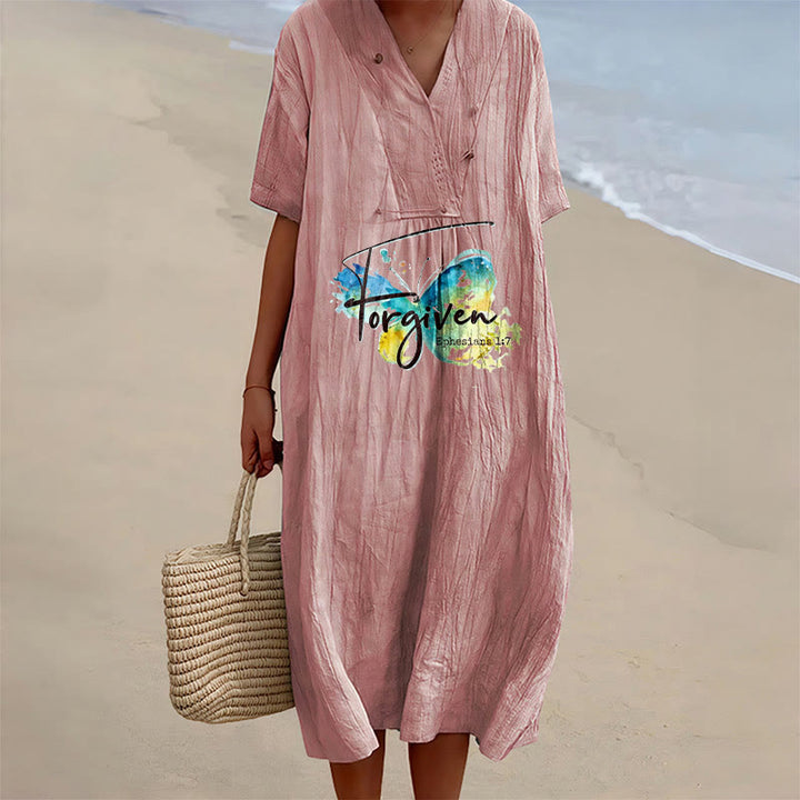 Christianartworkshop Robe midi à col en V avec papillon aquarelle et verset biblique, idéale pour une réunion à l'église. - Rose - 4XL - image 9