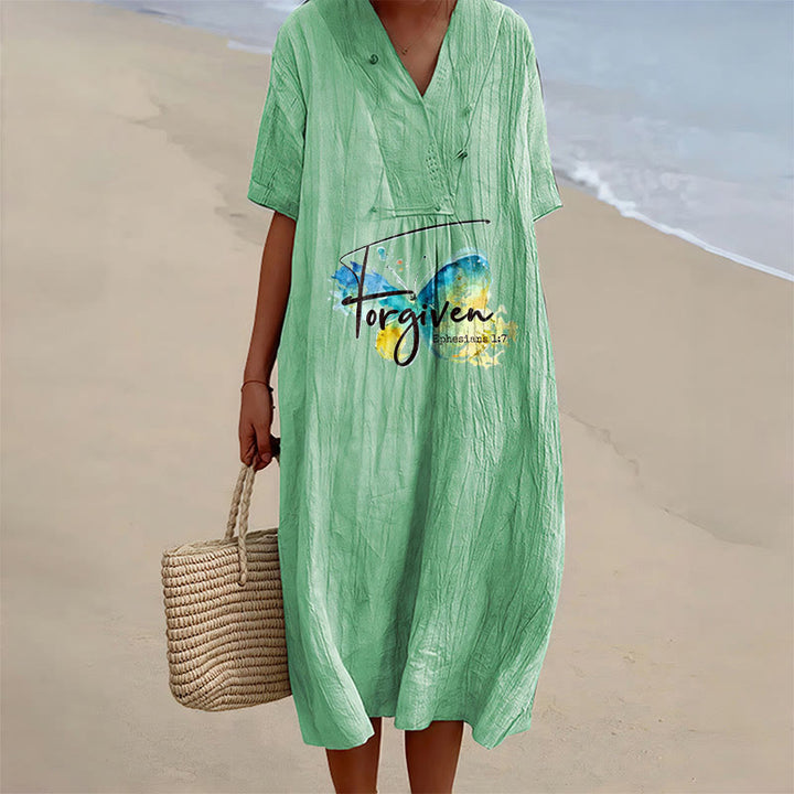 Christianartworkshop Robe midi à col en V avec papillon aquarelle et verset biblique, idéale pour une réunion à l'église. - Vert - 4XL - image 15