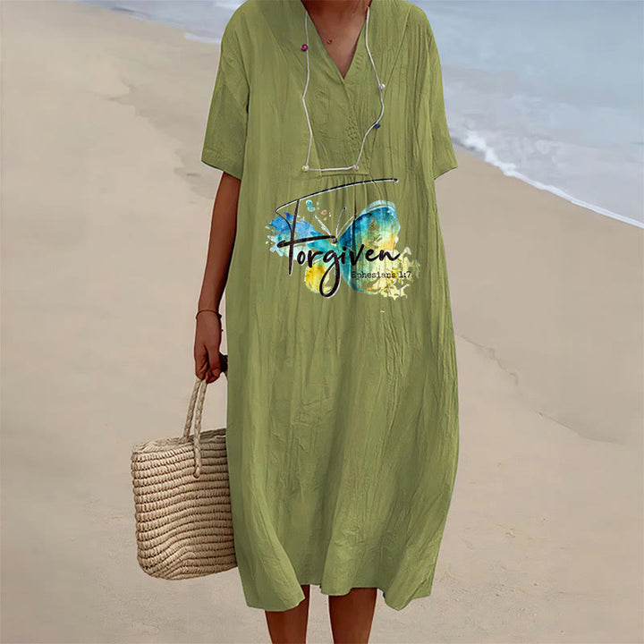 Christianartworkshop Robe midi à col en V avec papillon aquarelle et verset biblique, idéale pour une réunion à l'église. - Vert olive - 4XL - image 0
