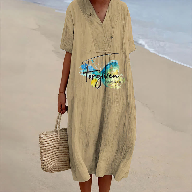 Christianartworkshop Robe midi à col en V avec papillon aquarelle et verset biblique, idéale pour une réunion à l'église. - Kaki - 4XL - image 3