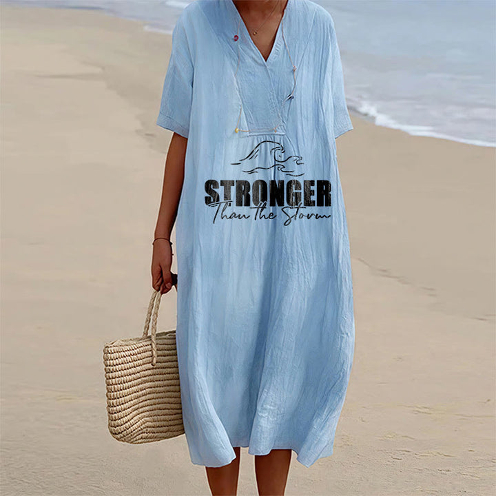 Christianartworkshop Robe midi à manches courtes et col en V à motif vague « Plus forte que la tempête » - Bleu - 4XL - image 0