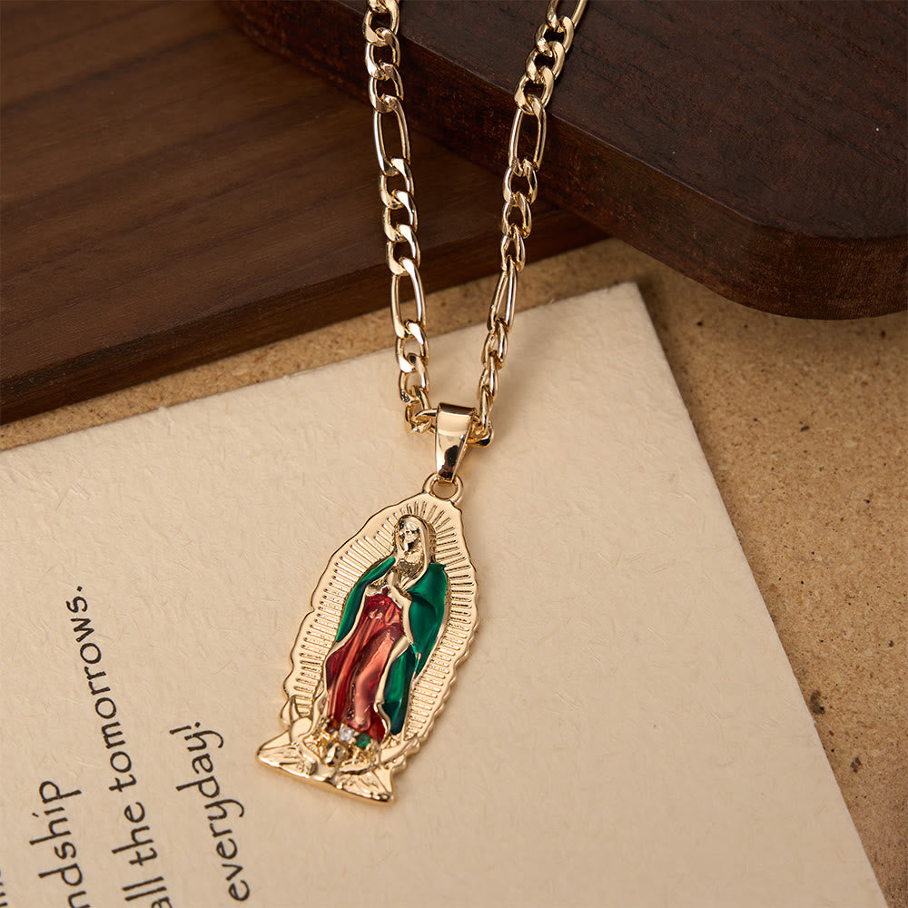 Christianartworkshop Pendentif Vierge de Guadalupe en émail à bordure soleil élégante, chaîne Figaro épaisse - image 4