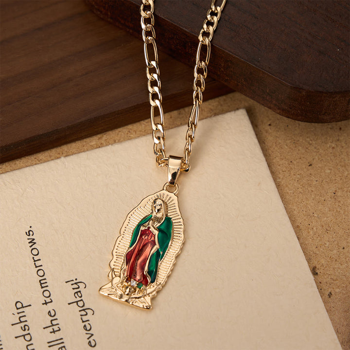 Christianartworkshop Pendentif Vierge de Guadalupe en émail à bordure soleil élégante, chaîne Figaro épaisse - image 4