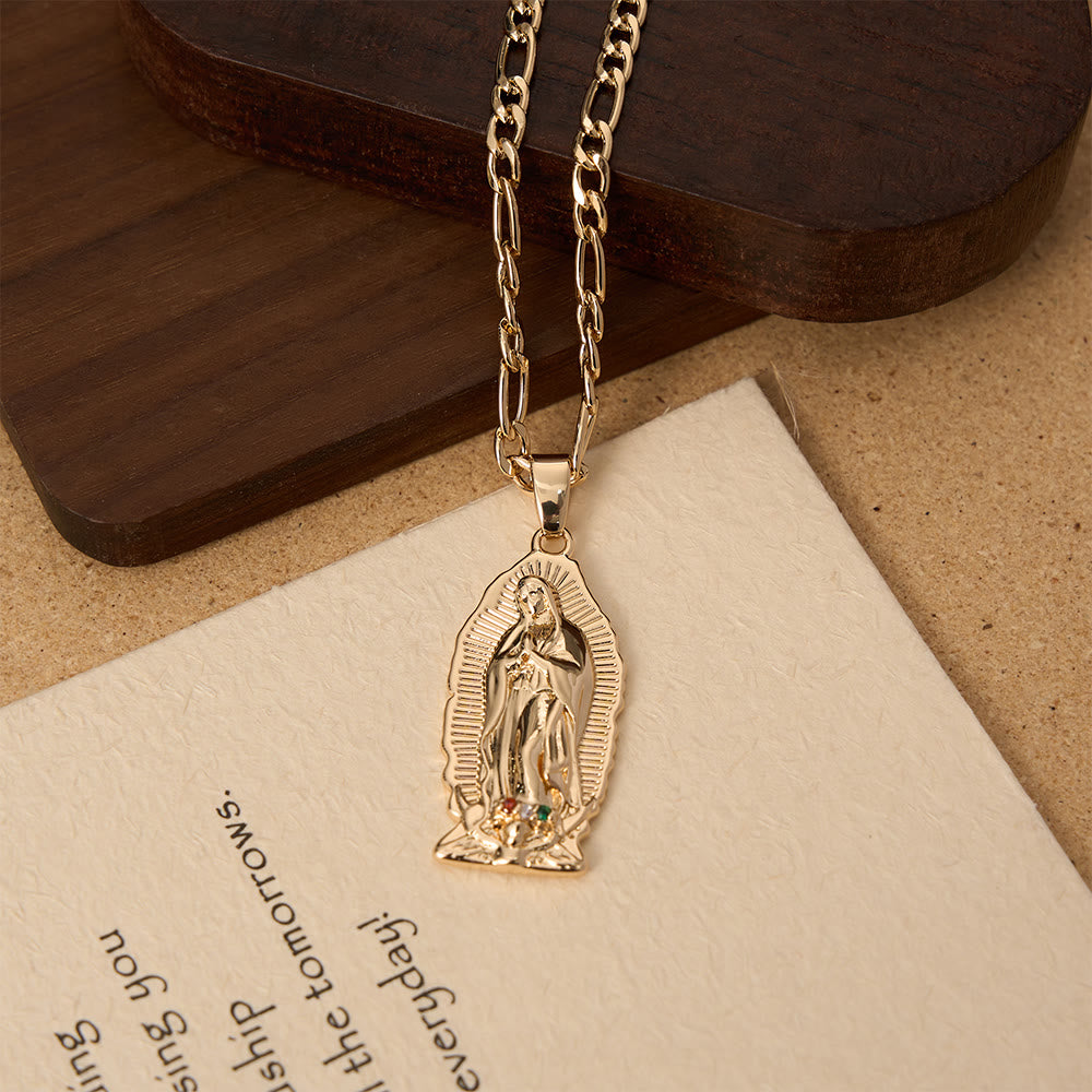 Christianartworkshop Pendentif Vierge de Guadalupe en émail à bordure soleil élégante, chaîne Figaro épaisse - Doré - image 8