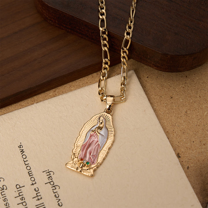 Christianartworkshop Pendentif Vierge de Guadalupe en émail à bordure soleil élégante, chaîne Figaro épaisse - image 7