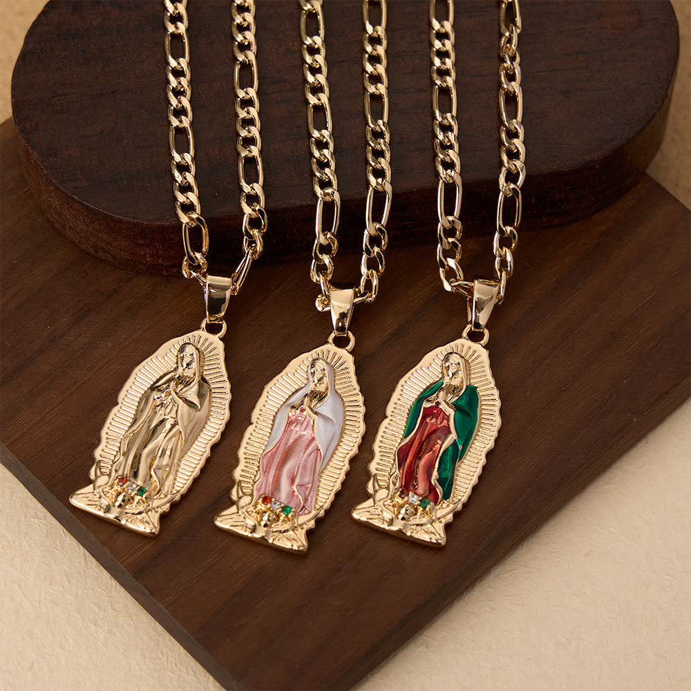 Christianartworkshop Pendentif Vierge de Guadalupe en émail à bordure soleil élégante, chaîne Figaro épaisse - image 1