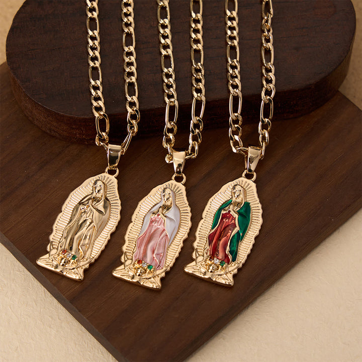 Christianartworkshop Pendentif Vierge de Guadalupe en émail à bordure soleil élégante, chaîne Figaro épaisse - image 1