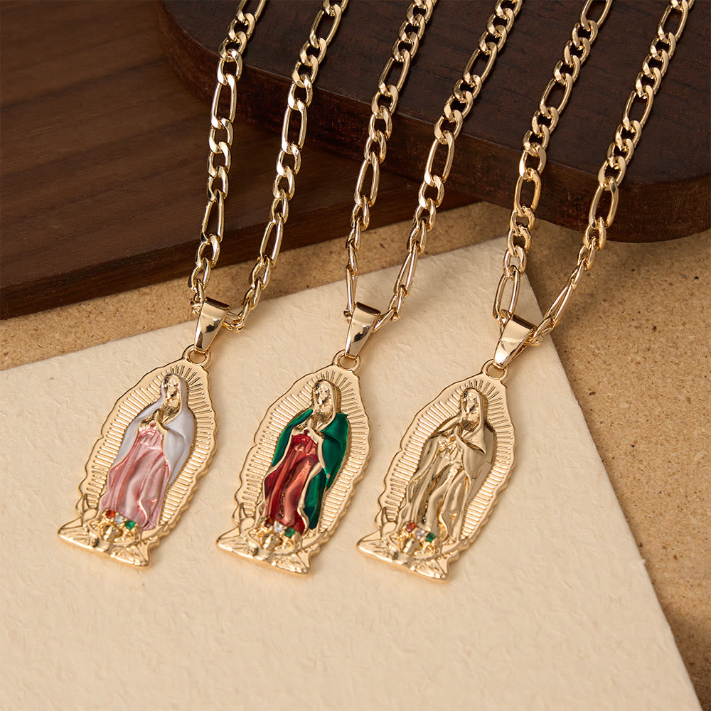 Christianartworkshop Pendentif Vierge de Guadalupe en émail à bordure soleil élégante, chaîne Figaro épaisse - image 2