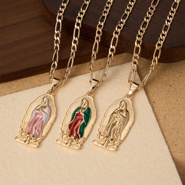 Christianartworkshop Pendentif Vierge de Guadalupe en émail à bordure soleil élégante, chaîne Figaro épaisse - image 2