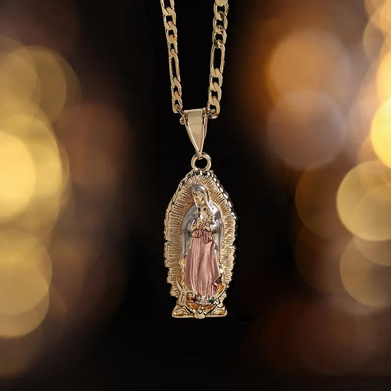 Christianartworkshop Pendentif Vierge de Guadalupe en émail à bordure soleil élégante, chaîne Figaro épaisse - Rose - image 6
