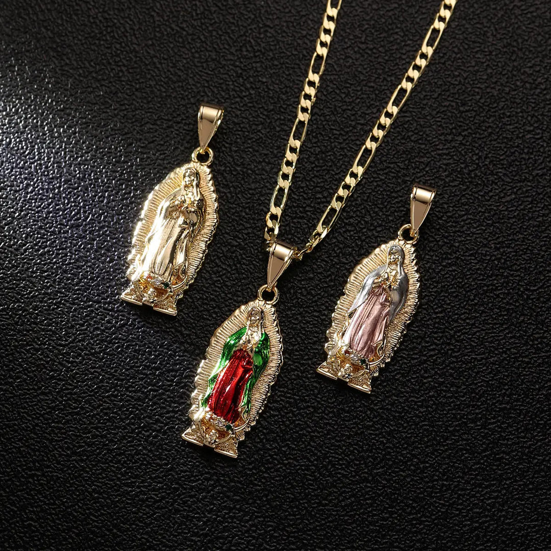 Christianartworkshop Pendentif Vierge de Guadalupe en émail à bordure soleil élégante, chaîne Figaro épaisse - image 3