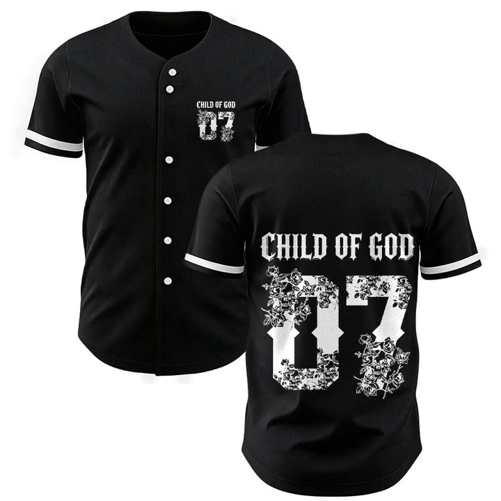 Maillot de baseball boutonné numéro 07 à motif floral « Enfant de Dieu » de Christianartworkshop - Noir - 5XL - image 0