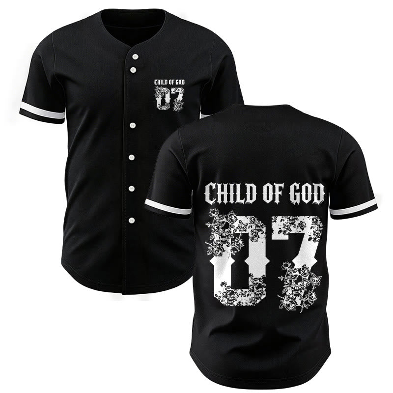 Christianartworkshop Maillot de baseball boutonné numéro 07 à motif floral « Enfant de Dieu » - Noir - 5XL - image 0