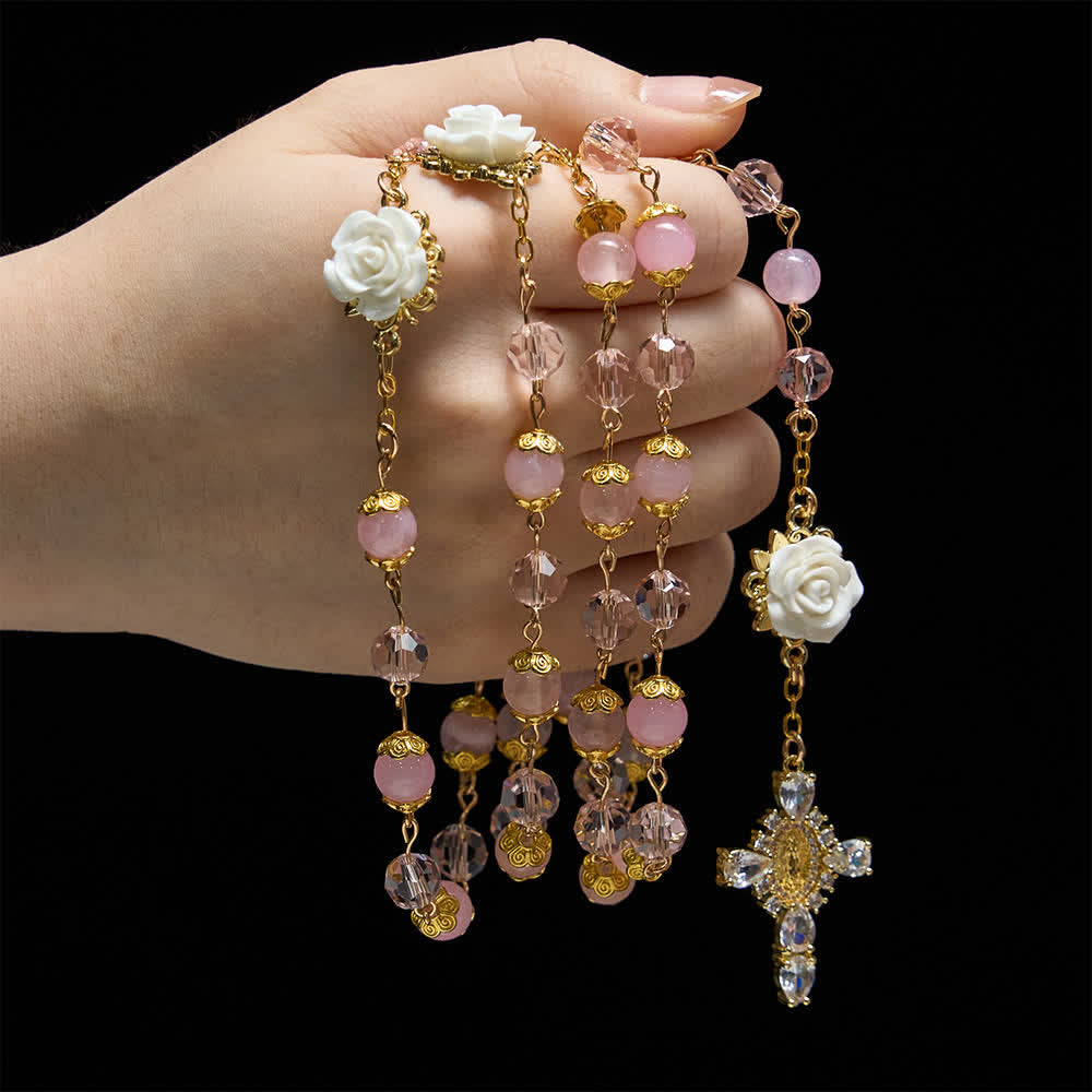Christianartworkshop Chapelet Notre-Dame de Guadalupe en cristal rose et rose blanche - Notre-Dame et la Croix - image 0