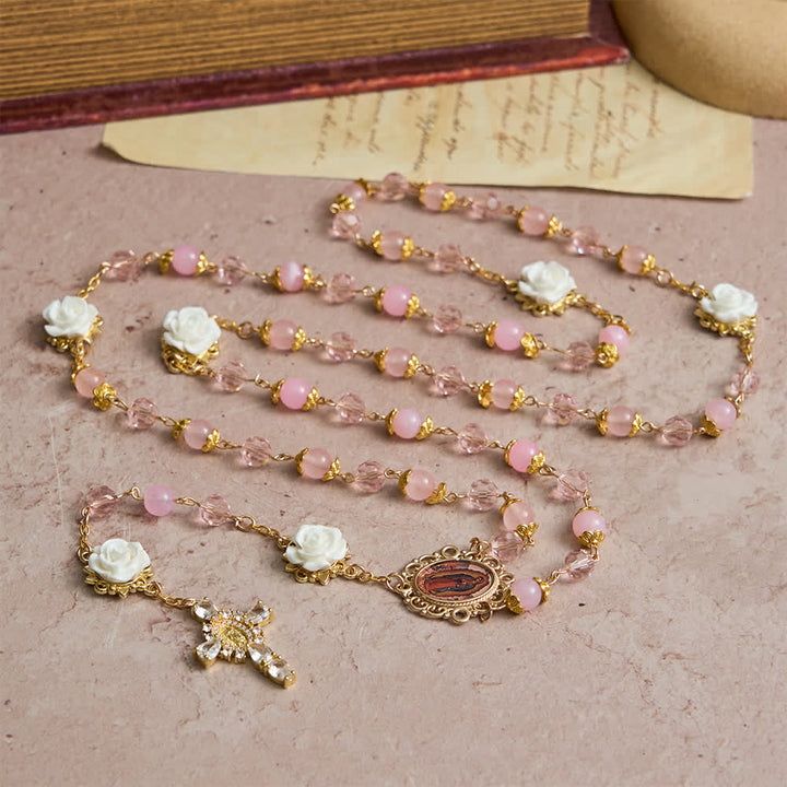 Christianartworkshop Chapelet Notre-Dame de Guadalupe en cristal rose et rose blanche - image 3