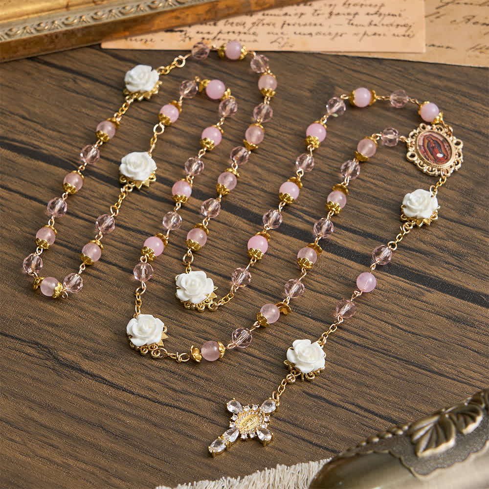 Christianartworkshop Chapelet Notre-Dame de Guadalupe en cristal rose et rose blanche - image 1