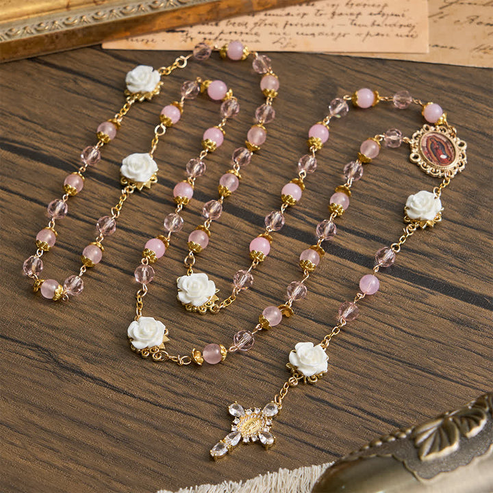 Christianartworkshop Chapelet Notre-Dame de Guadalupe en cristal rose et rose blanche - image 1