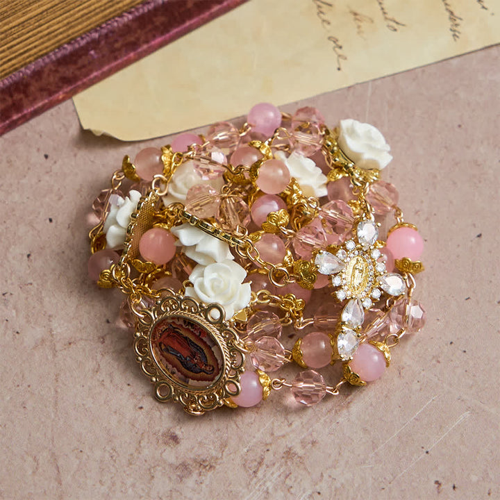 Christianartworkshop Chapelet Notre-Dame de Guadalupe en cristal rose et rose blanche - image 4