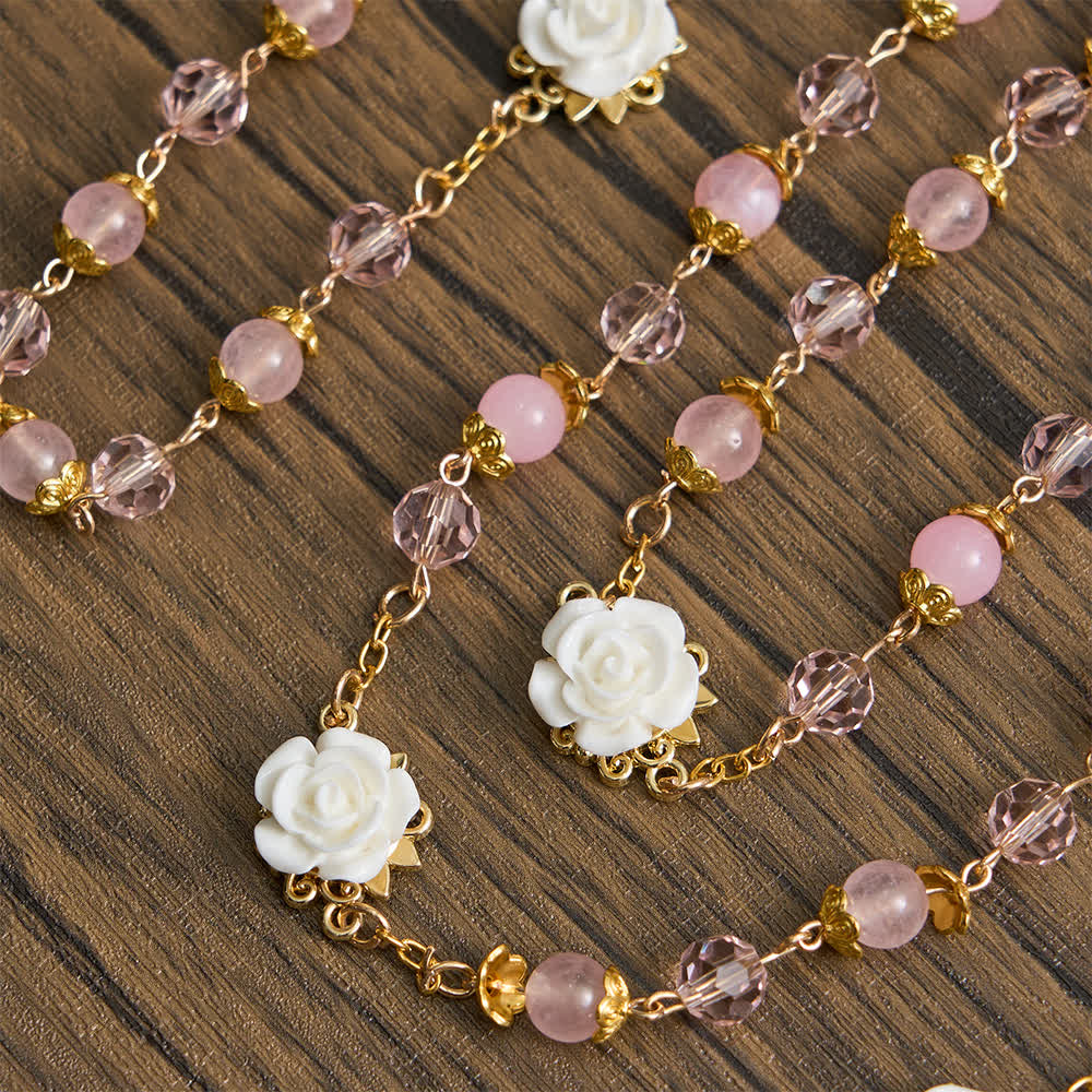 Christianartworkshop Chapelet Notre-Dame de Guadalupe en cristal rose et rose blanche - image 7
