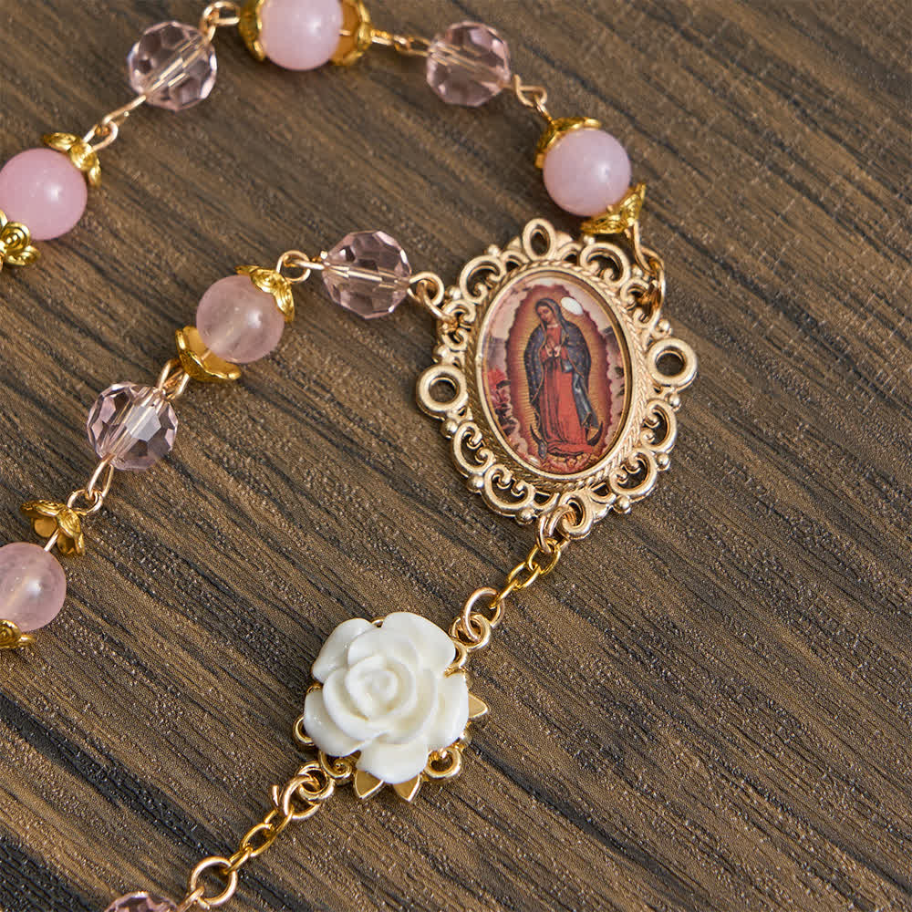 Christianartworkshop Chapelet Notre-Dame de Guadalupe en cristal rose et rose blanche - image 8