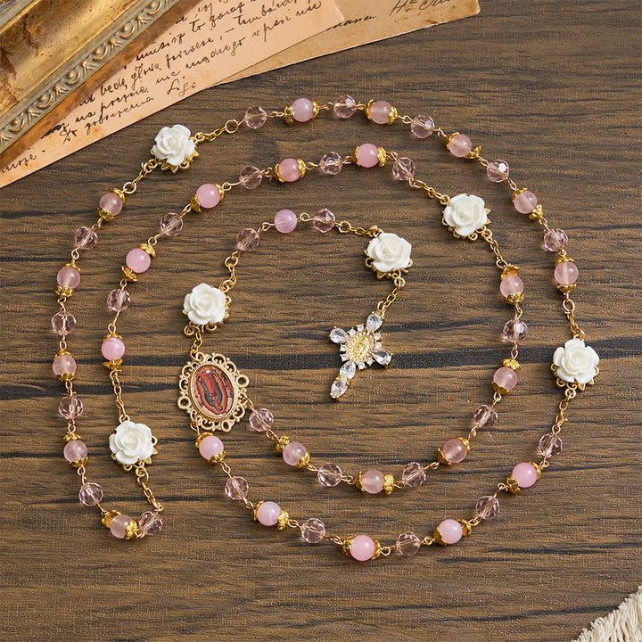 Christianartworkshop Chapelet Notre-Dame de Guadalupe en cristal rose et rose blanche - image 2