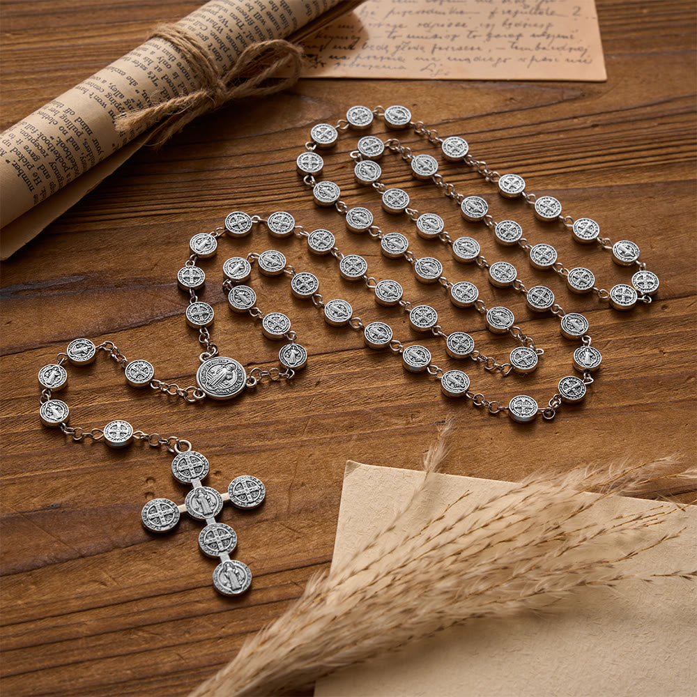 Christianartworkshop Chapelet ancien en argent, double face, à l'effigie de Saint Benoît, avec croix ornée de médailles. - image 1
