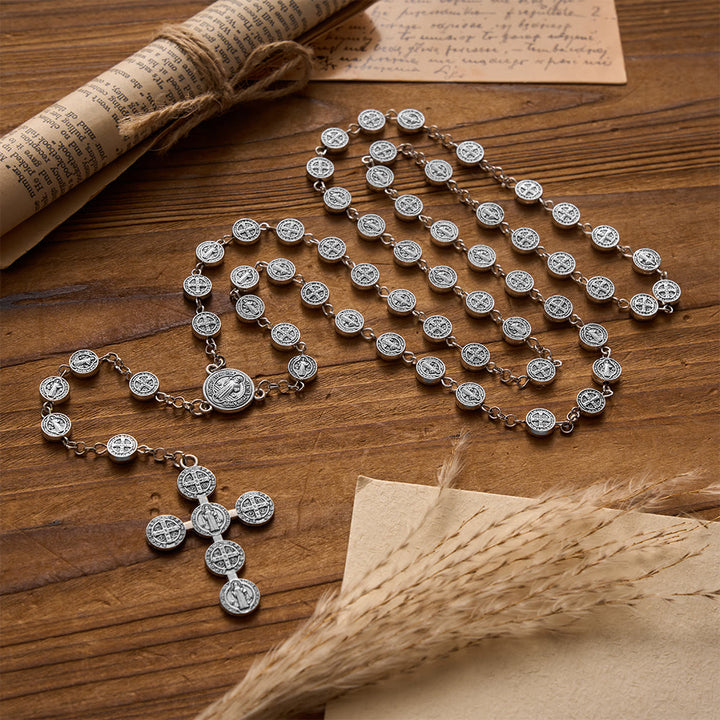 Christianartworkshop Chapelet ancien en argent, double face, à l'effigie de Saint Benoît, avec croix ornée de médailles. - image 1
