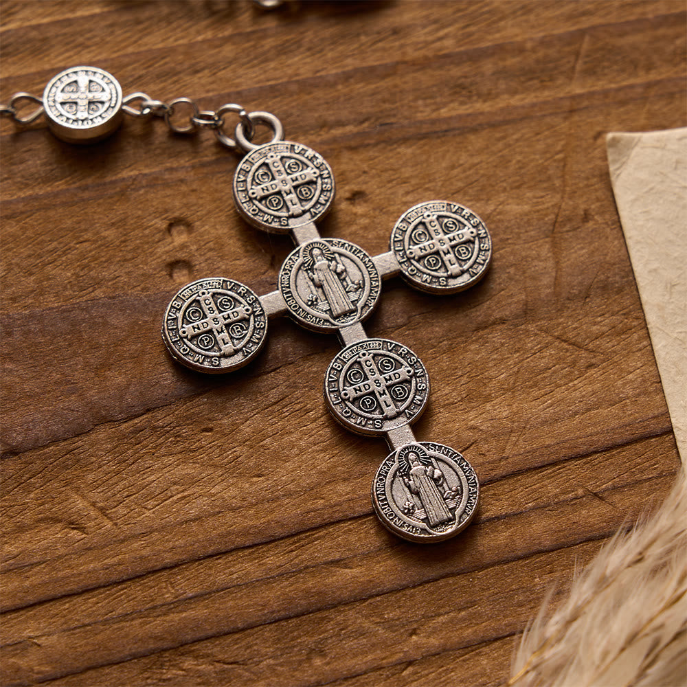 Christianartworkshop Chapelet ancien en argent, double face, à l'effigie de Saint Benoît, avec croix ornée de médailles. - image 4