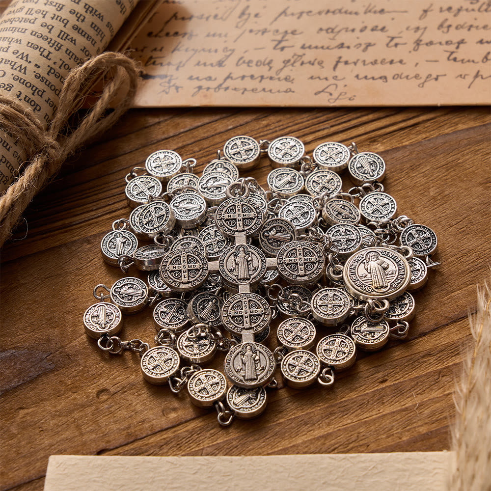 Christianartworkshop Chapelet ancien en argent, double face, à l'effigie de Saint Benoît, avec croix ornée de médailles. - Rosaire de Saint Benoît - image 0