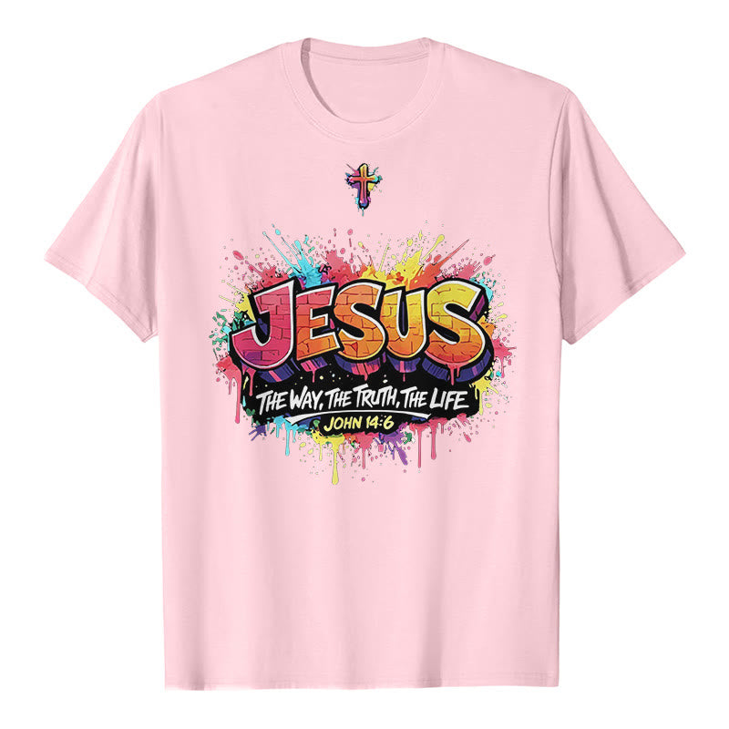 Christianartworkshop T-shirt premium à manches courtes « Jésus le chemin, la vérité, la vie » Jean 14:6, motif graffiti et croix. - Rose - 2XL - image 3