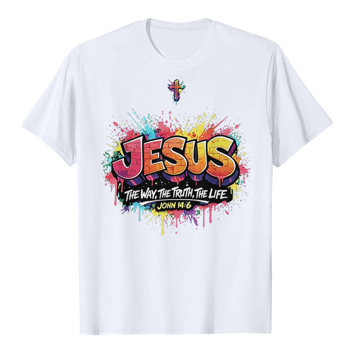 Christianartworkshop T-shirt premium à manches courtes « Jésus le chemin, la vérité, la vie » Jean 14:6, motif graffiti et croix. - Blanc - 2XL - image 2