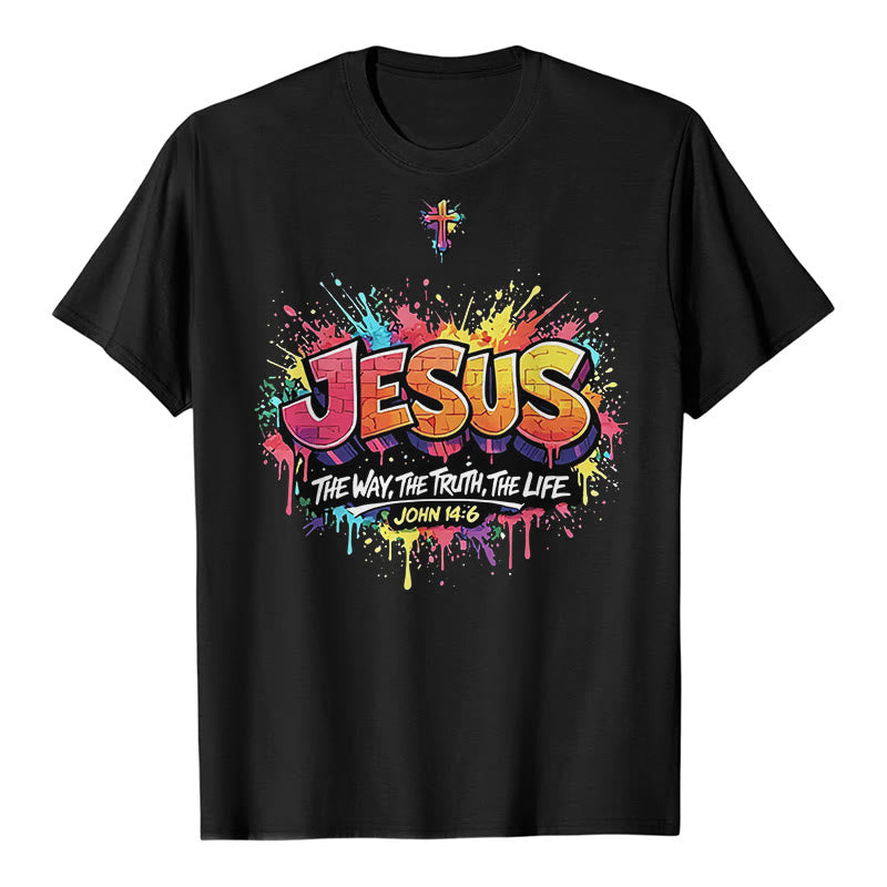 Christianartworkshop T-shirt premium à manches courtes « Jésus le chemin, la vérité, la vie » Jean 14:6, motif graffiti et croix. - Noir - 2XL - image 0
