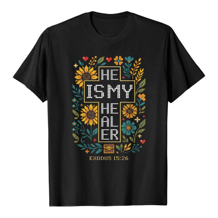 Christianartworkshop T-shirt premium à manches courtes avec motif floral inspiré de l'Exode 15:26 - Noir - 2XL - image 1