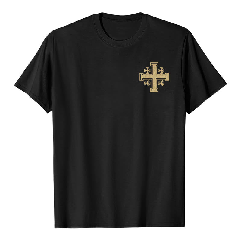 Christianartworkshop T-shirt premium à manches courtes avec croix de Jérusalem vintage vieillie et inscription biblique recto-verso - image 1