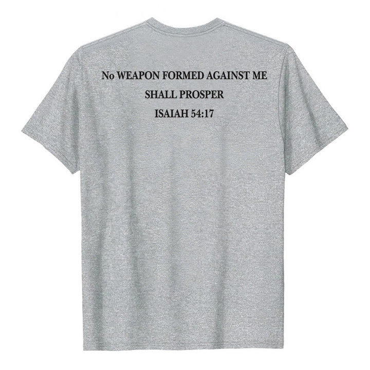Christianartworkshop Aucune arme forgée contre moi ne prospérera. Ésaïe 54:17. T-shirt premium à manches courtes avec croix au recto et verset biblique au verso. - image 5