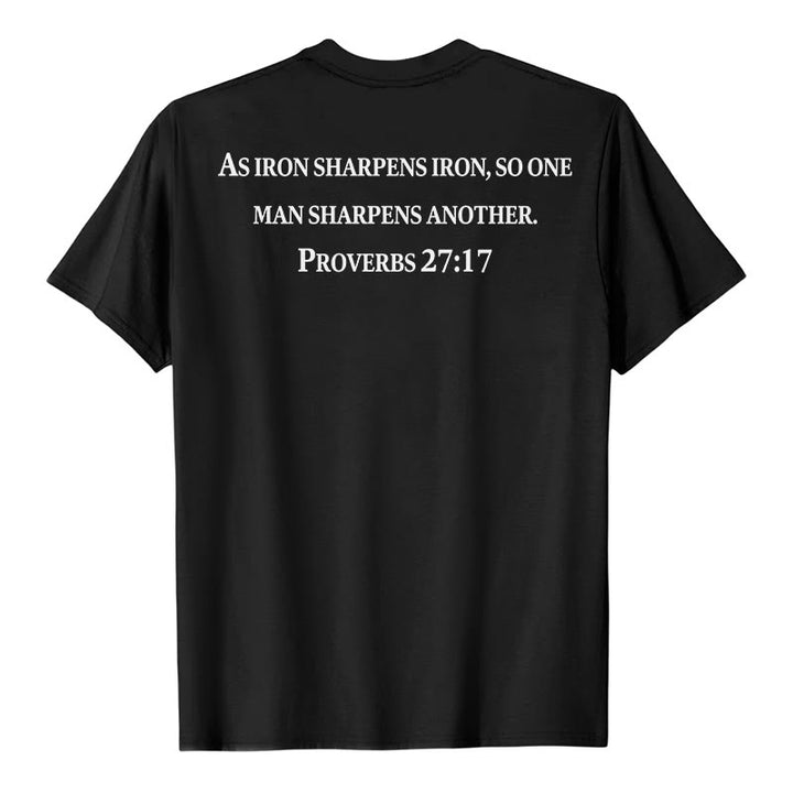 Christianartworkshop T-shirt premium à manches courtes avec inscription « Le fer aiguise le fer » (Proverbes 27:17), imprimé croisé sur la poitrine et dans le dos. - image 2